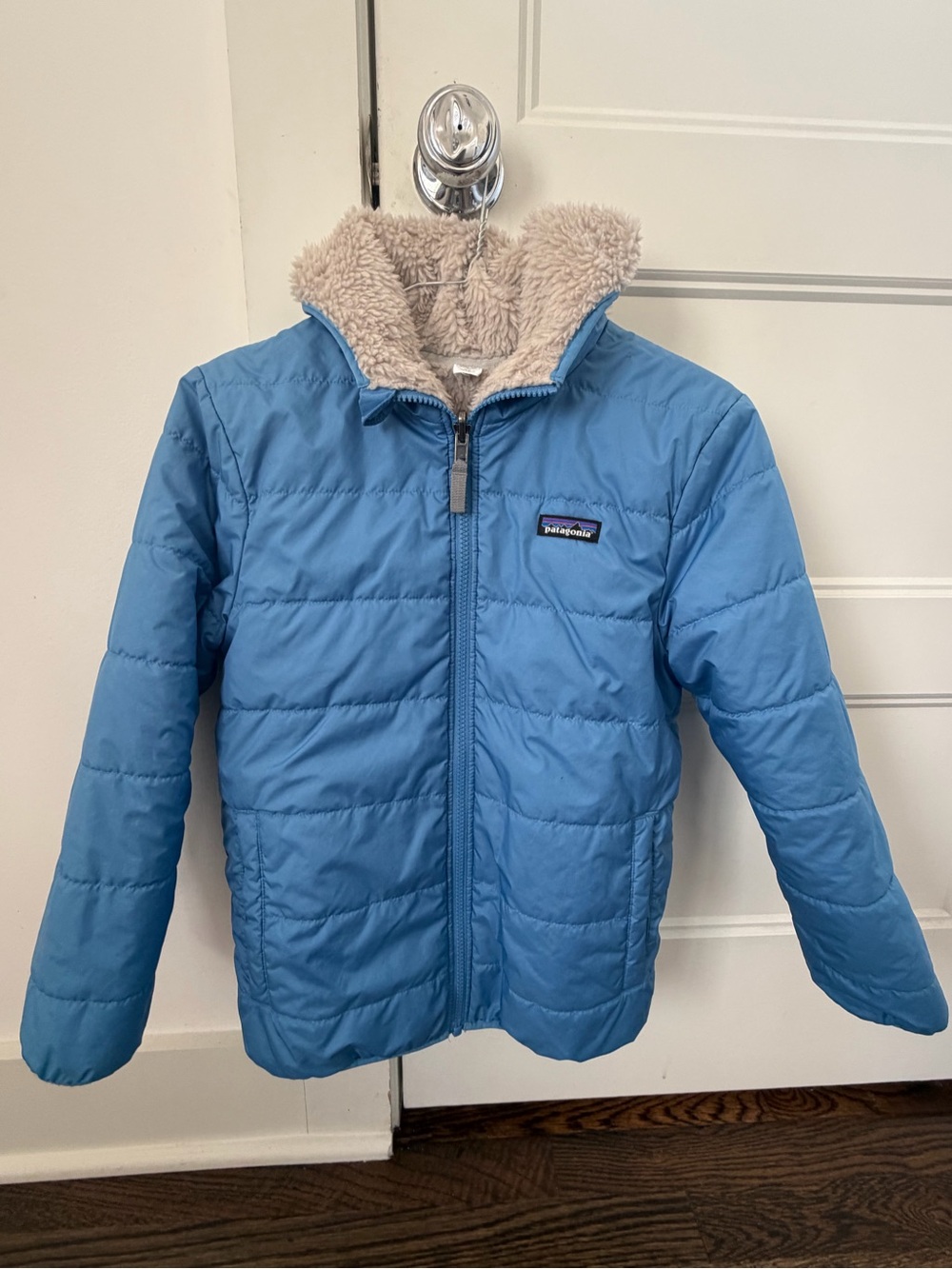 Patagonia Kids Light Blue Reversible Puffer Jacket with Sherpa Hood